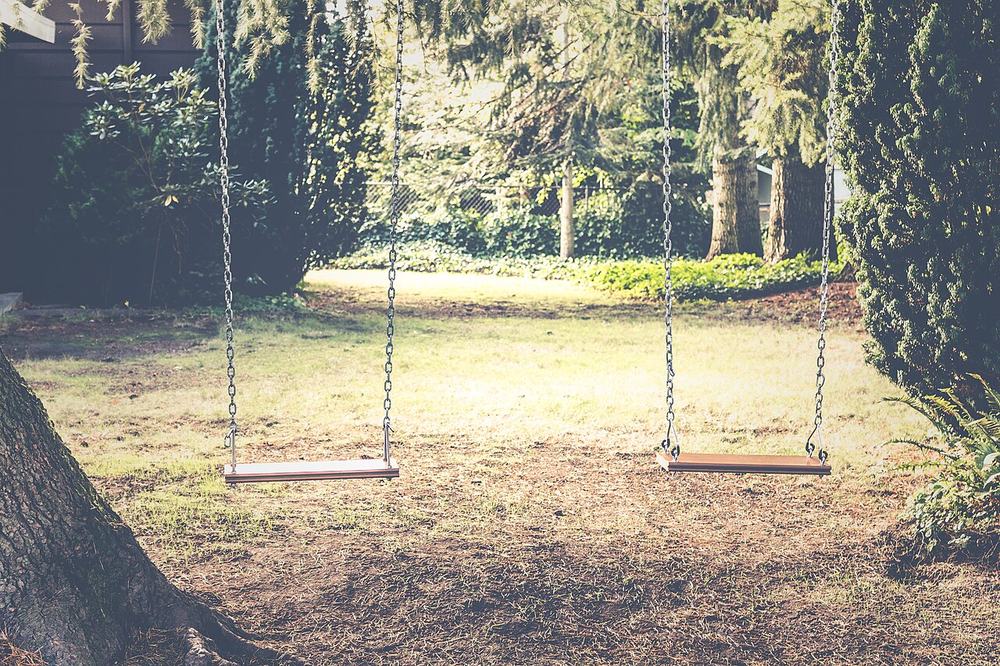 Empty swings in a playground under trees